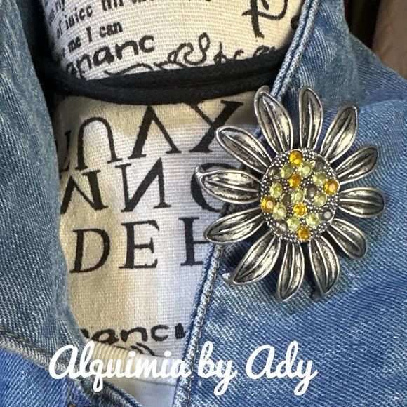 Silver Flower Brooch with Yellow Accents - Picture 4 of 4